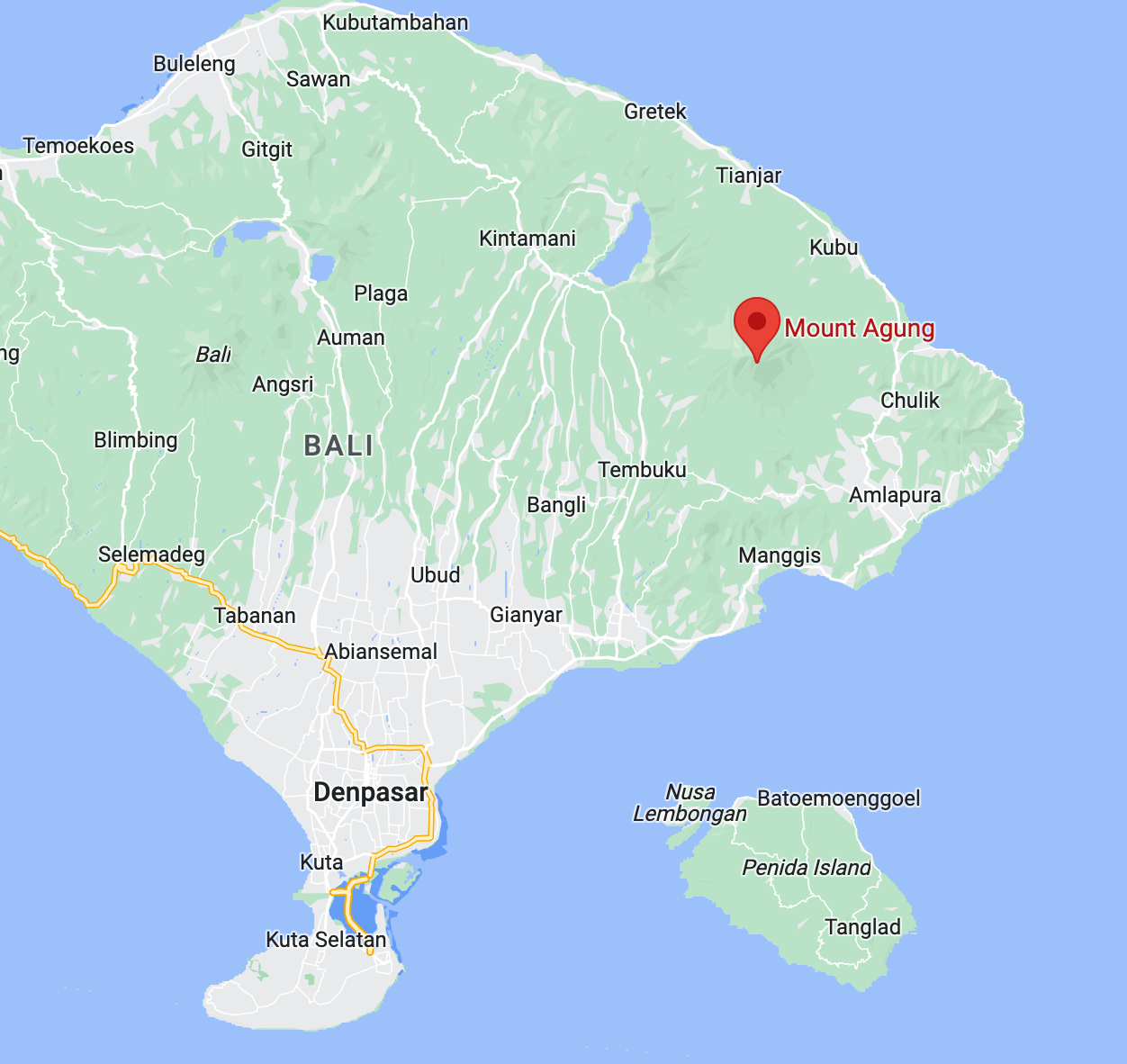 Google map highlighting Mount Agung's location in Bali