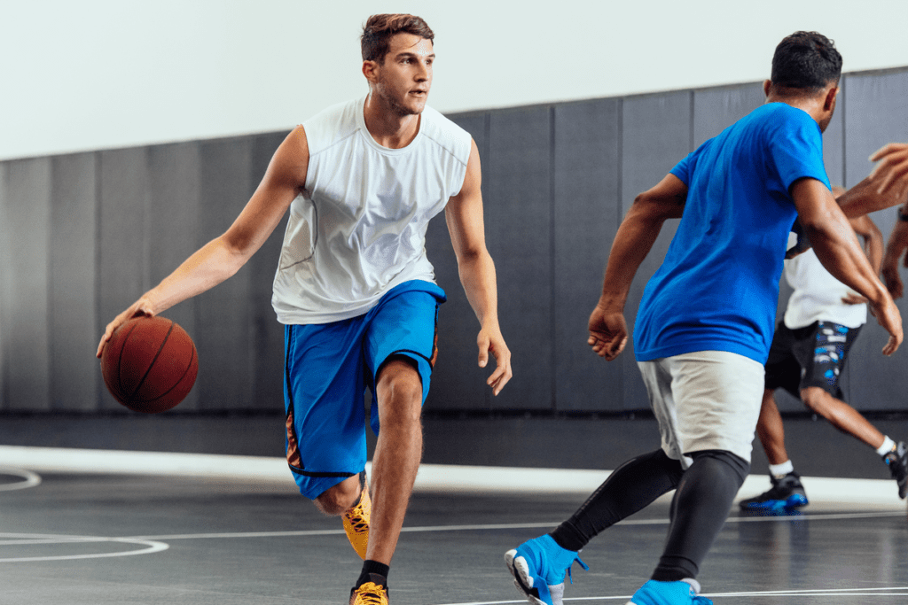 Players battling for the ball during a basketball game