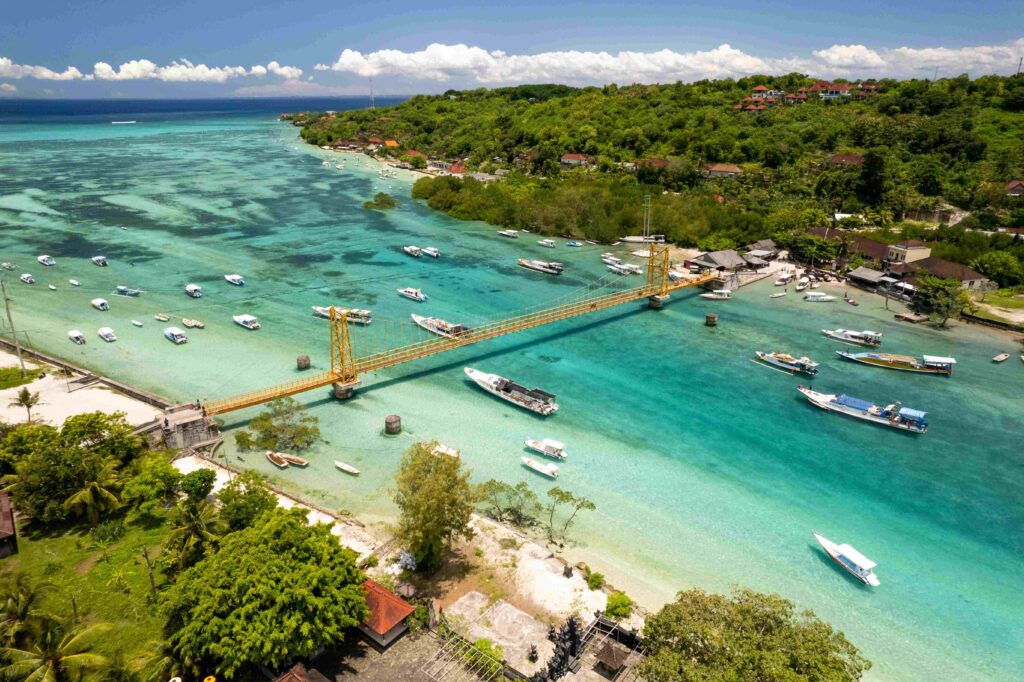 Famous yellow bridge Nusa Lembongan Nusa Ceningan Bali Indonesia Drone