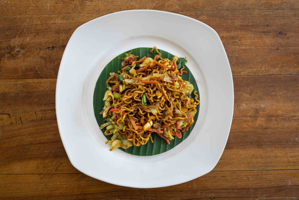 Top down view of Balinese fried noodles (mie or bami goreng)