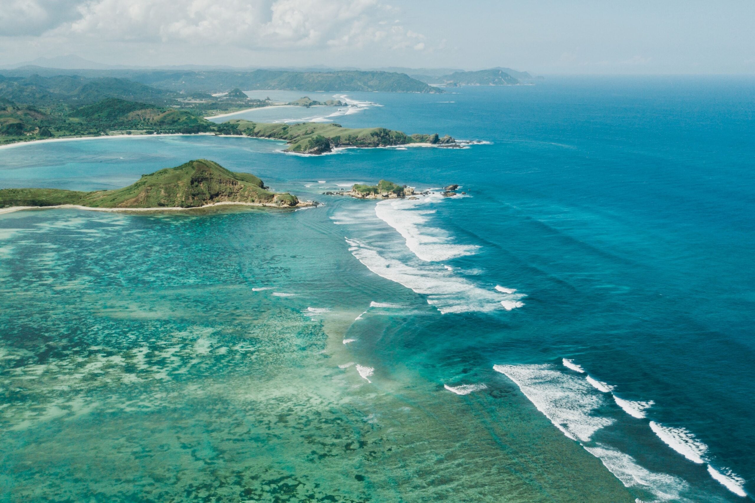 Aerial drone view of Lombok island coastline. Tanjung Aan bay. A