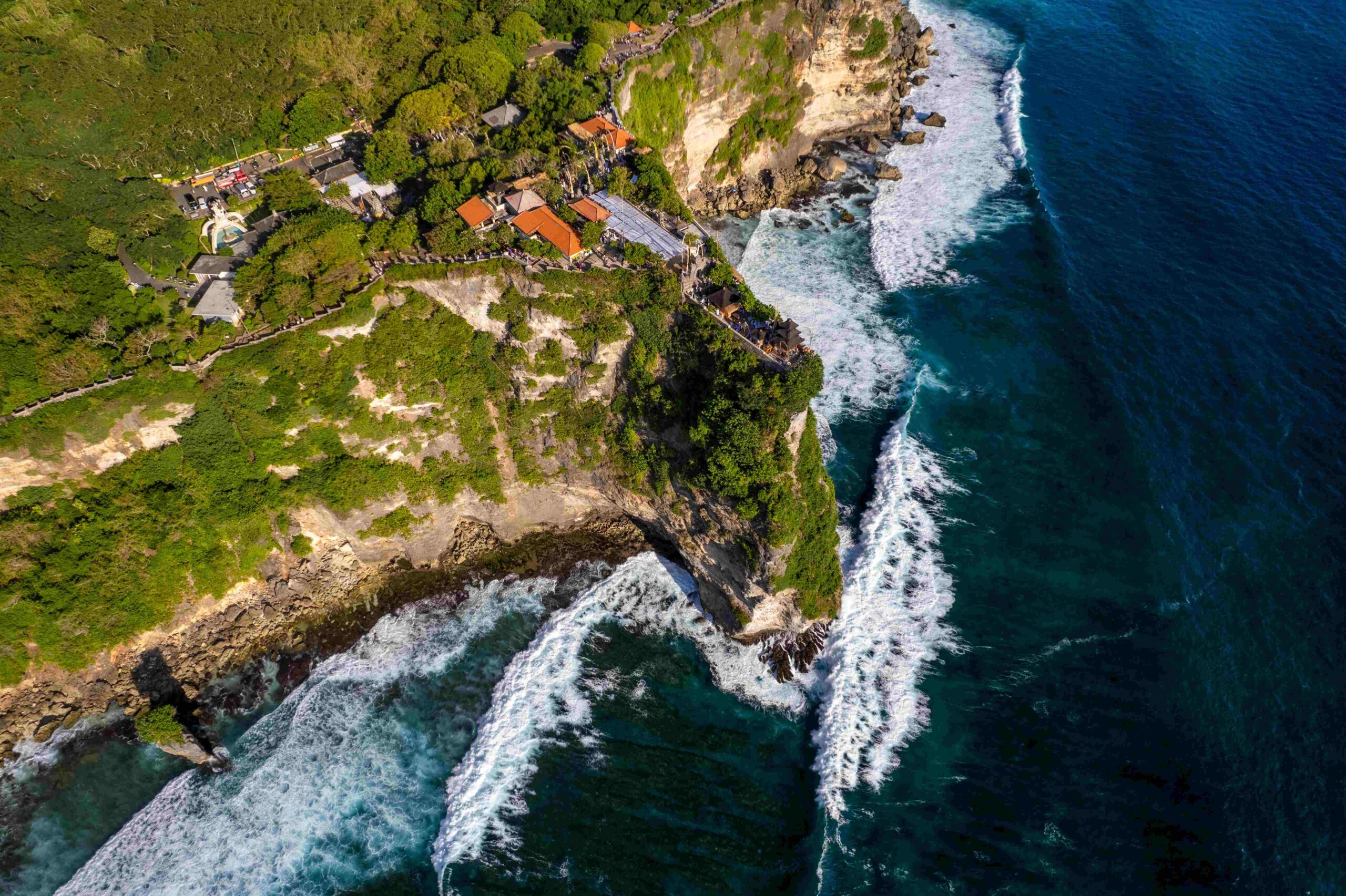 Aerial photo of Uluwatu temple, tourist and travel site in in Bali, Indonesia