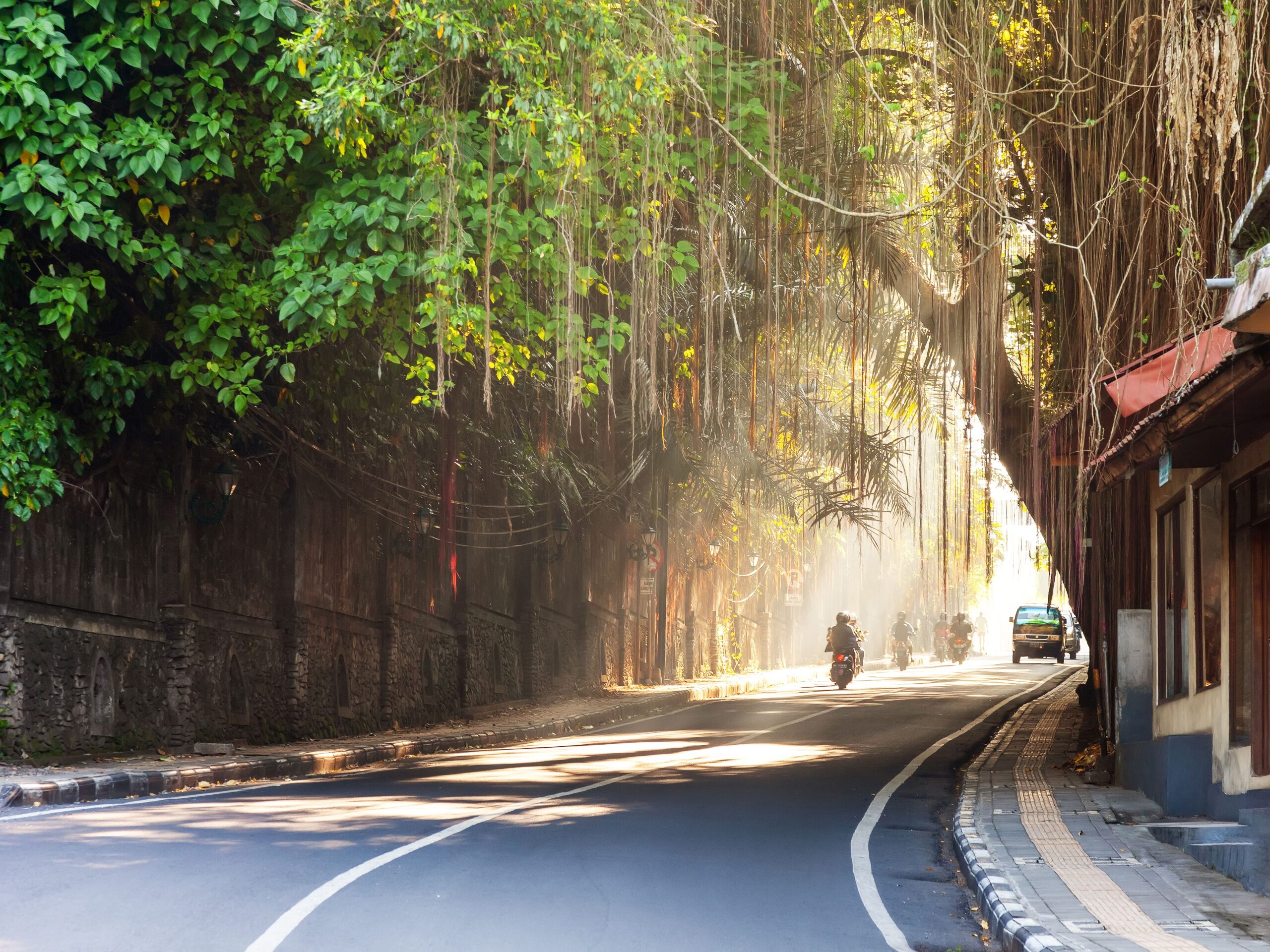 Curving street through Ubud town, Bali, Indonesia