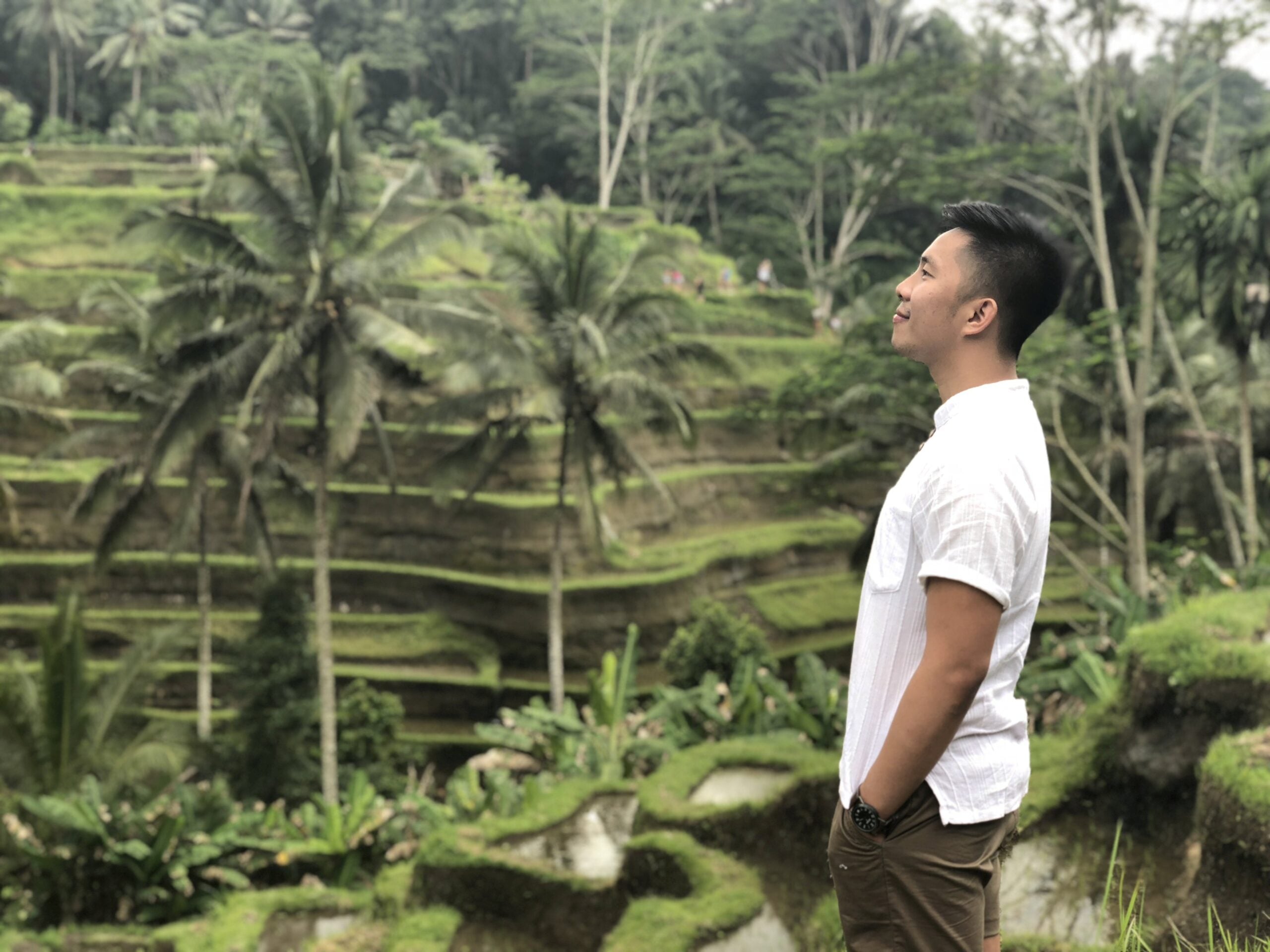 Man standing on green hill in kabupaten gianyar, bali, indonesia