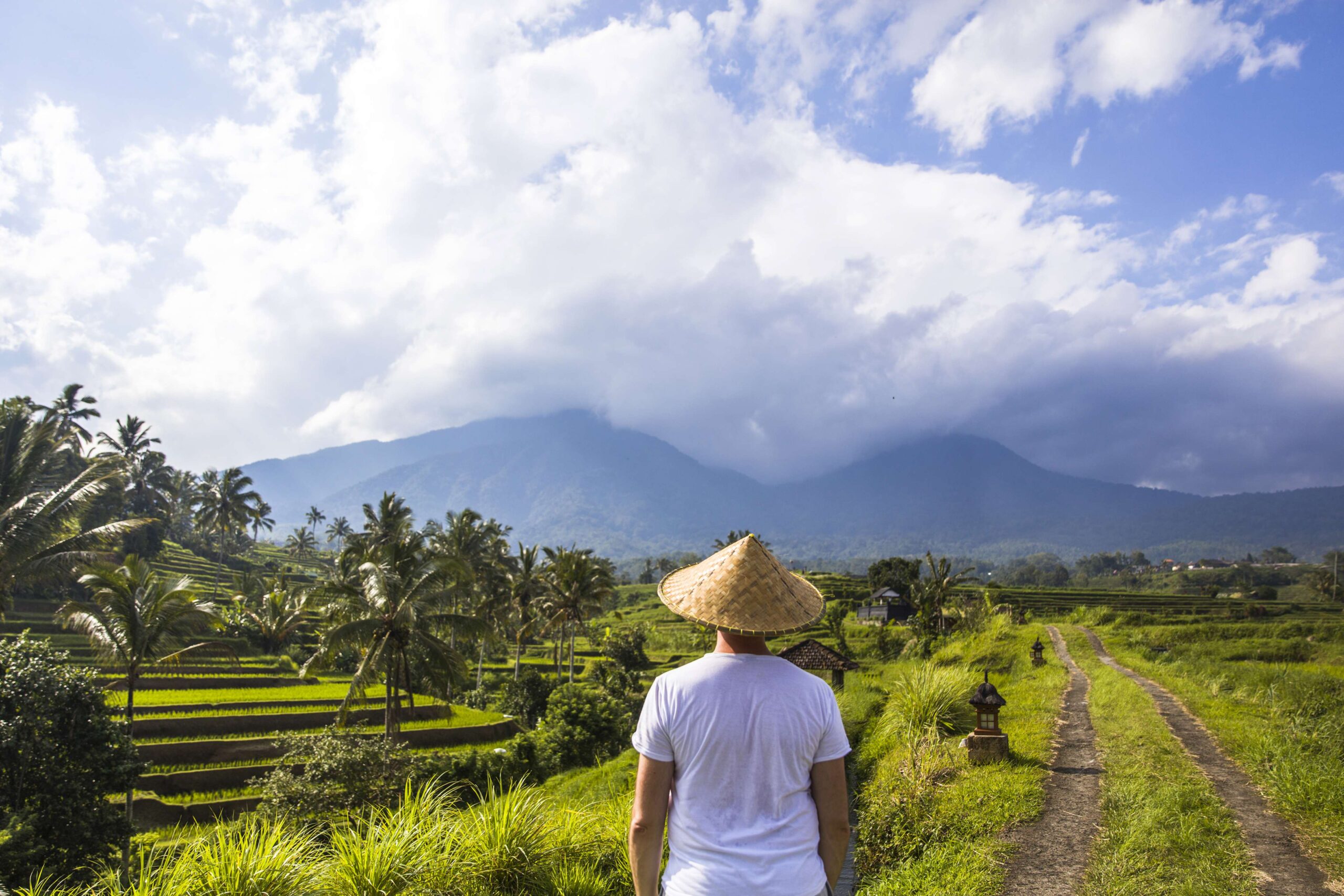 Man with traditional balinese cap at rice fields of Jatiluwih in