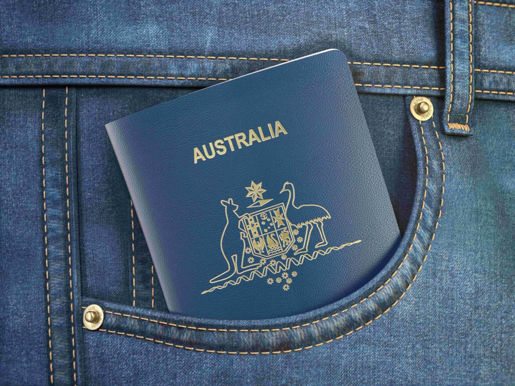 Passport of Australia in pocket jeans. Travel, tourism, emigrati