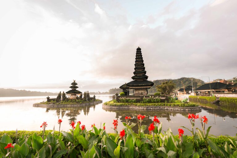 Pura Ulun Danu Beratan temple at sunrise in Bali, Indonesia