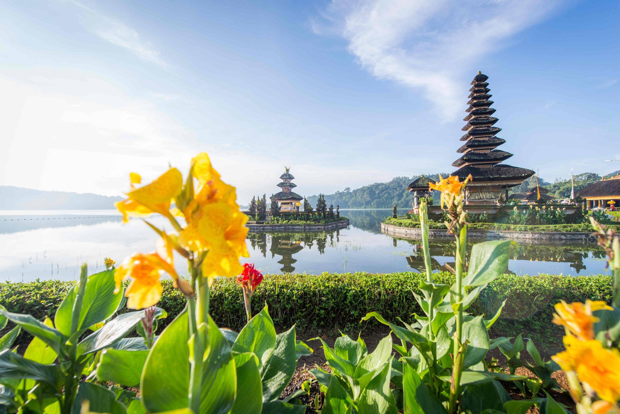 Pura Ulun Danu Beratan temple at sunrise in Bali, Indonesia