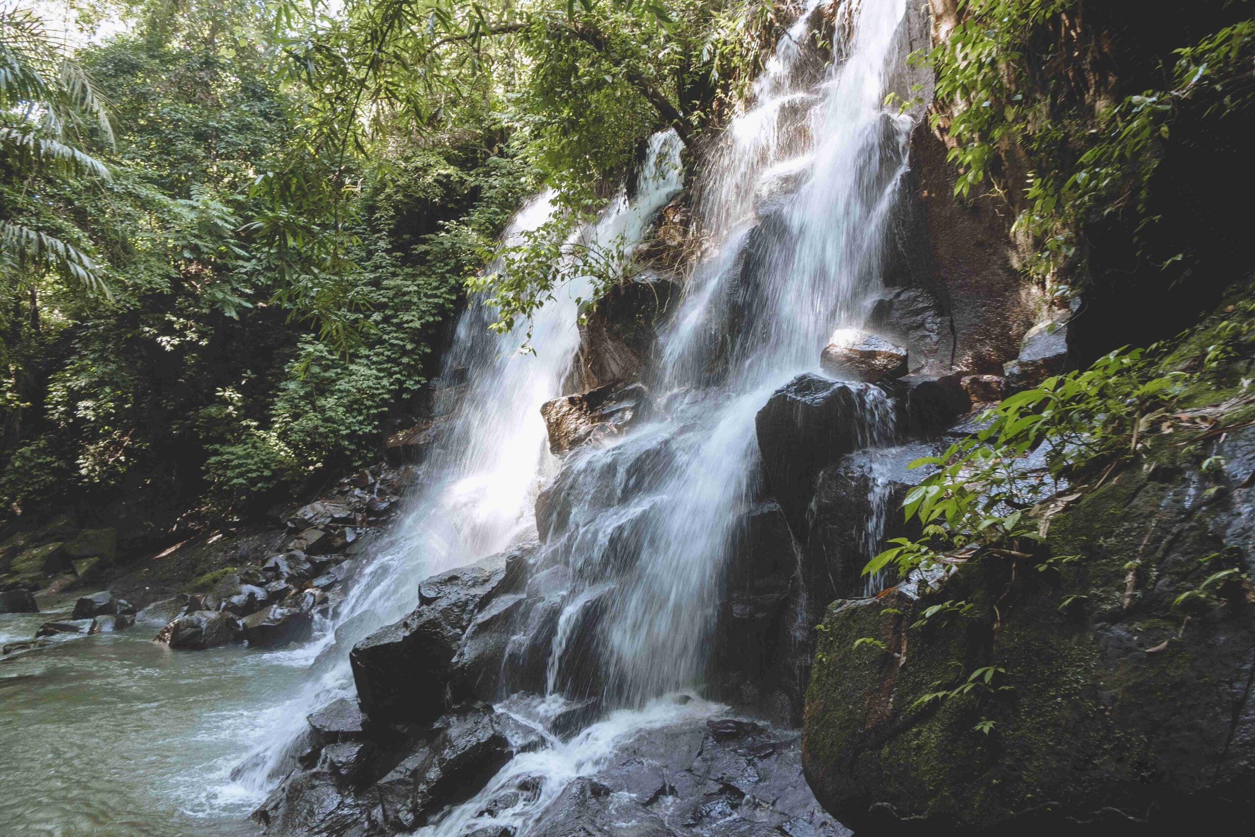 scenic view of beautiful Kanto Lampo Waterfall, green plants and rocks, Bali, Indonesia