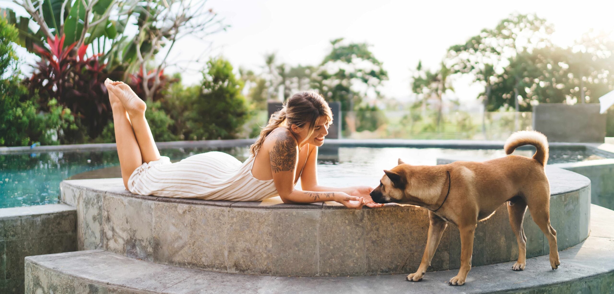 Young woman resting with dog on swimming pool edge