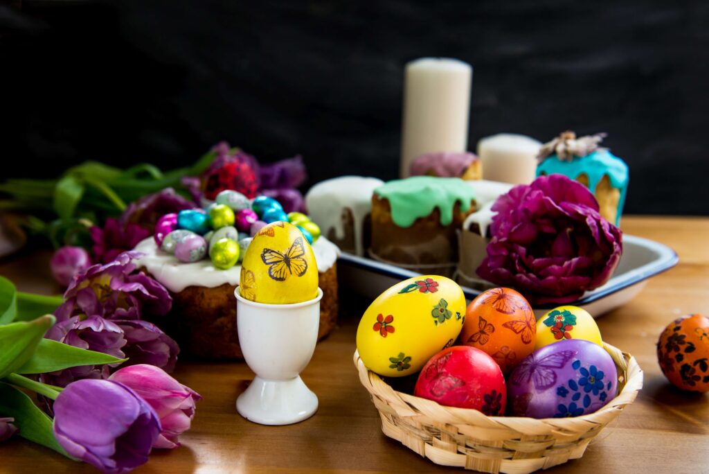Festive Easter Table with Easter Cakes and Eggs