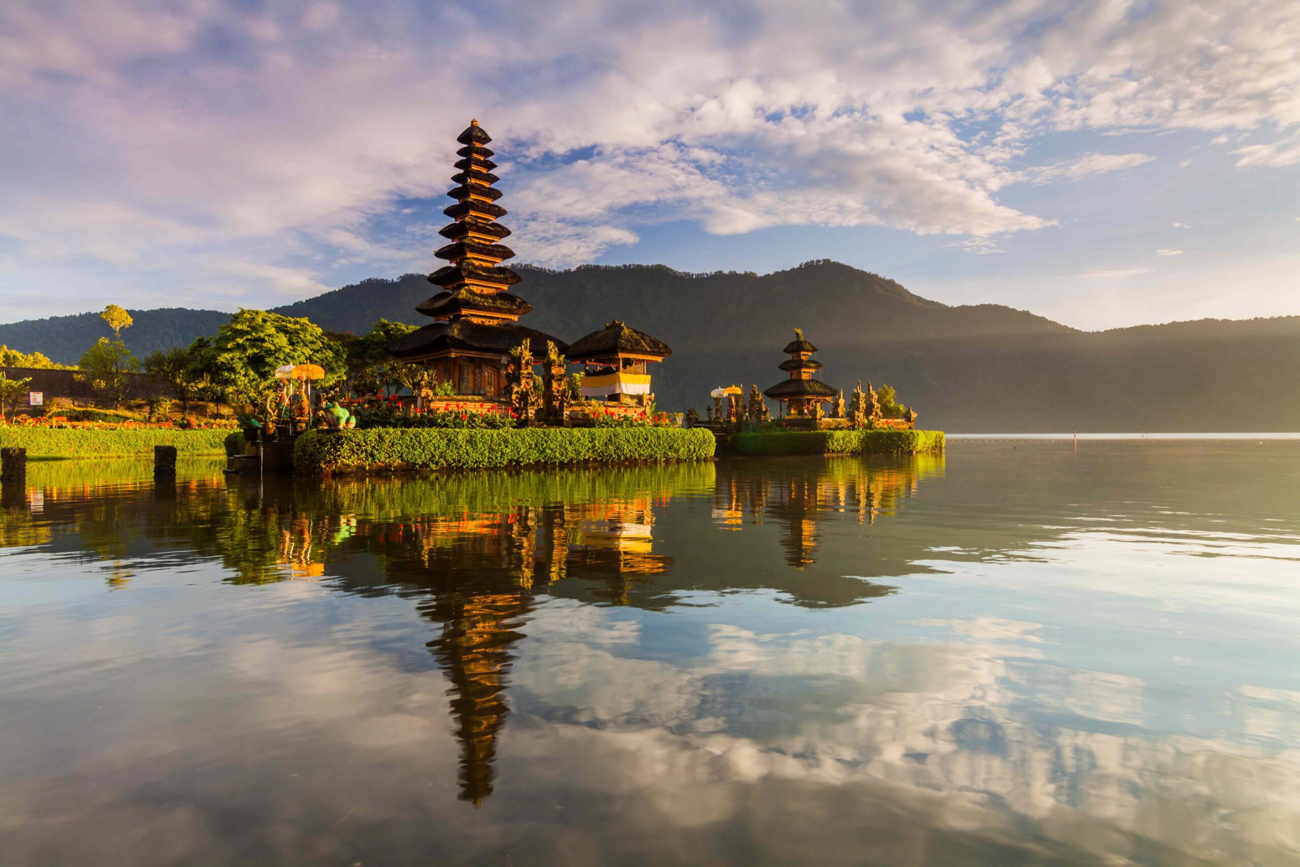 Pura Ulun Danu Bratan temple in Bali island Hindu temple in flowers on Beratan lake, Asia