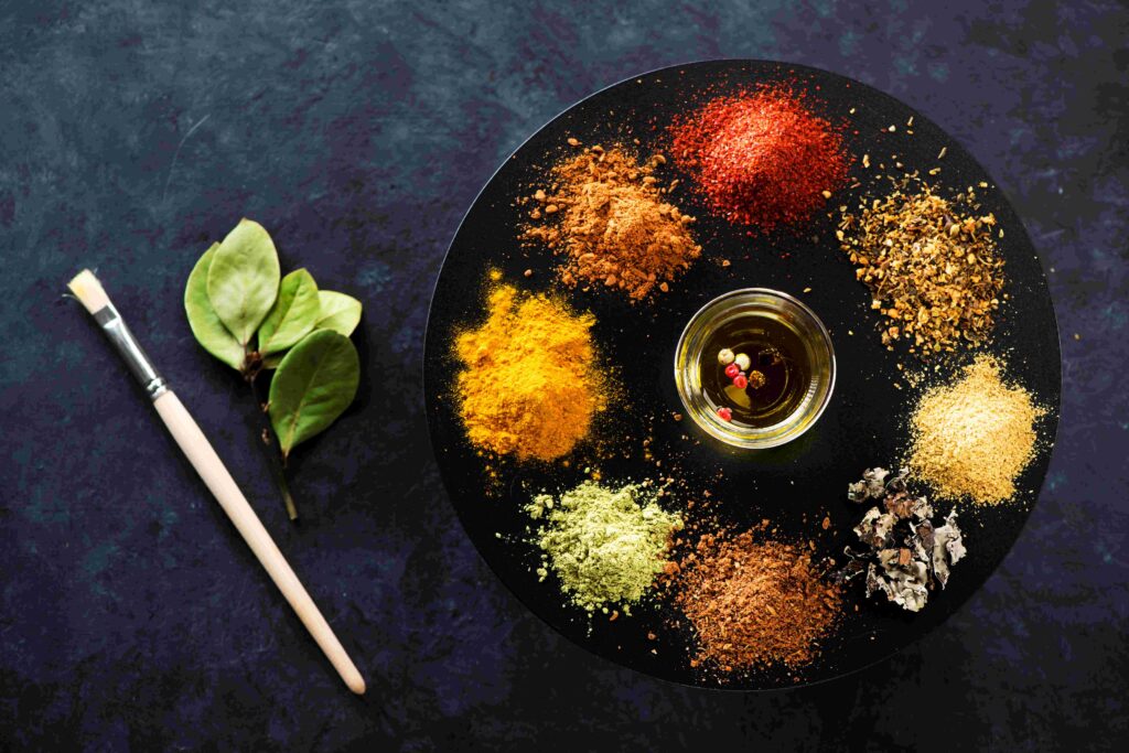 Palette of spices and seasonings, top view