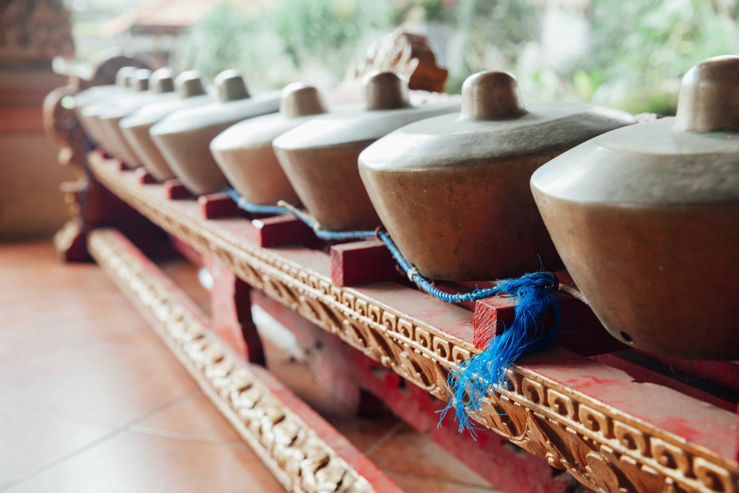 Traditional balinese percussive instruments instruments for "Gamelan" ensemble music, Ubud, Bali, Indonesia