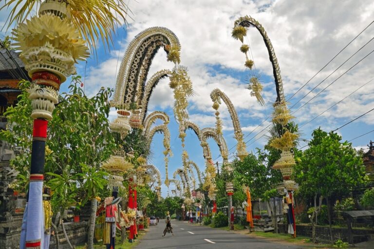 a street in bali with traditional decorations during galungen 218154803
