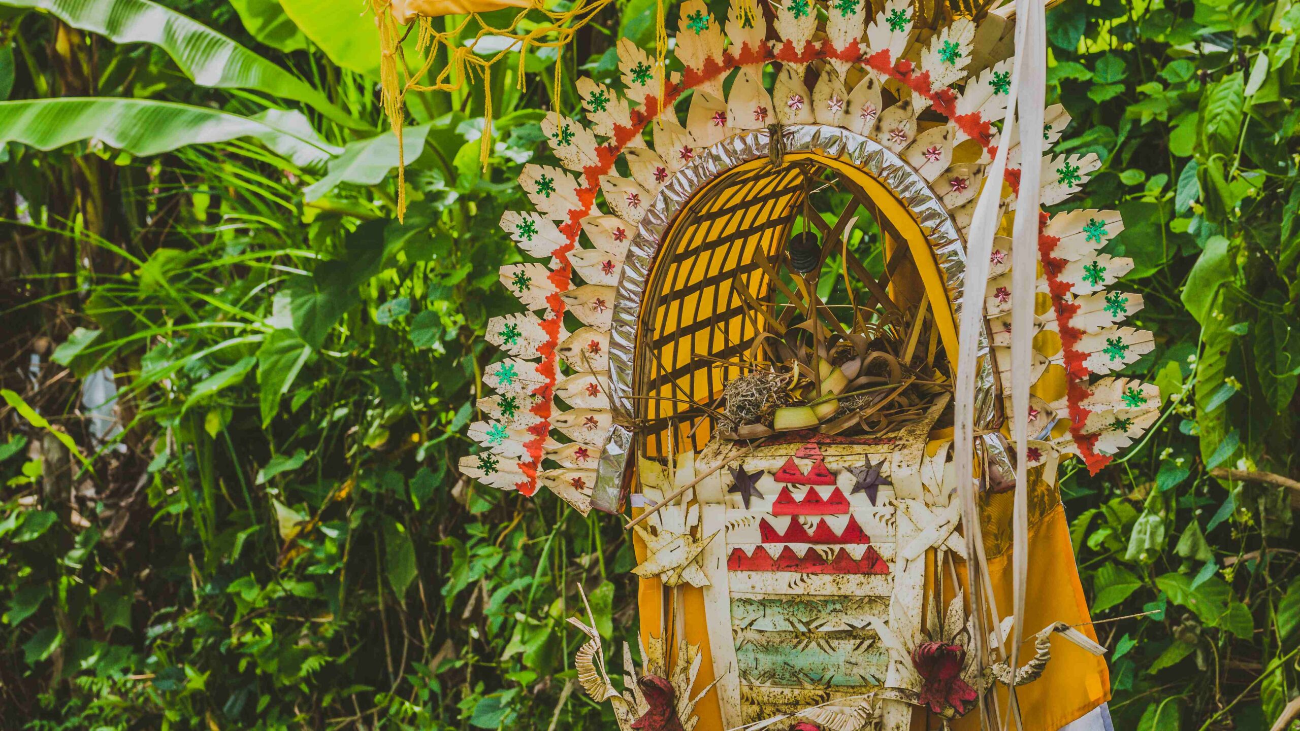 Bali Penjors, decorated bamboo poles basis in local village in Sideman, Indonesia