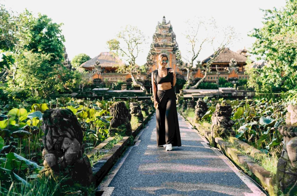 Cheerful woman sightseeing in Bali