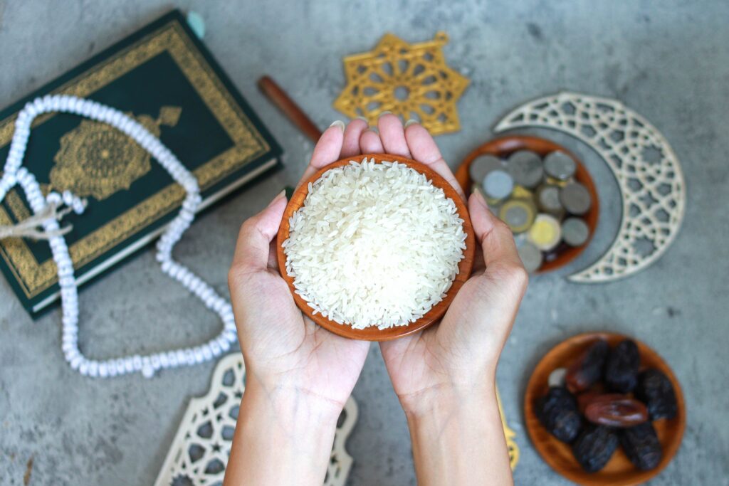hands holds rice grain remind charity on ramadan 2024 02 02 01 15 47 utc