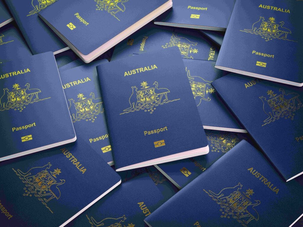 Passports of Australia background Immigration or travel concept