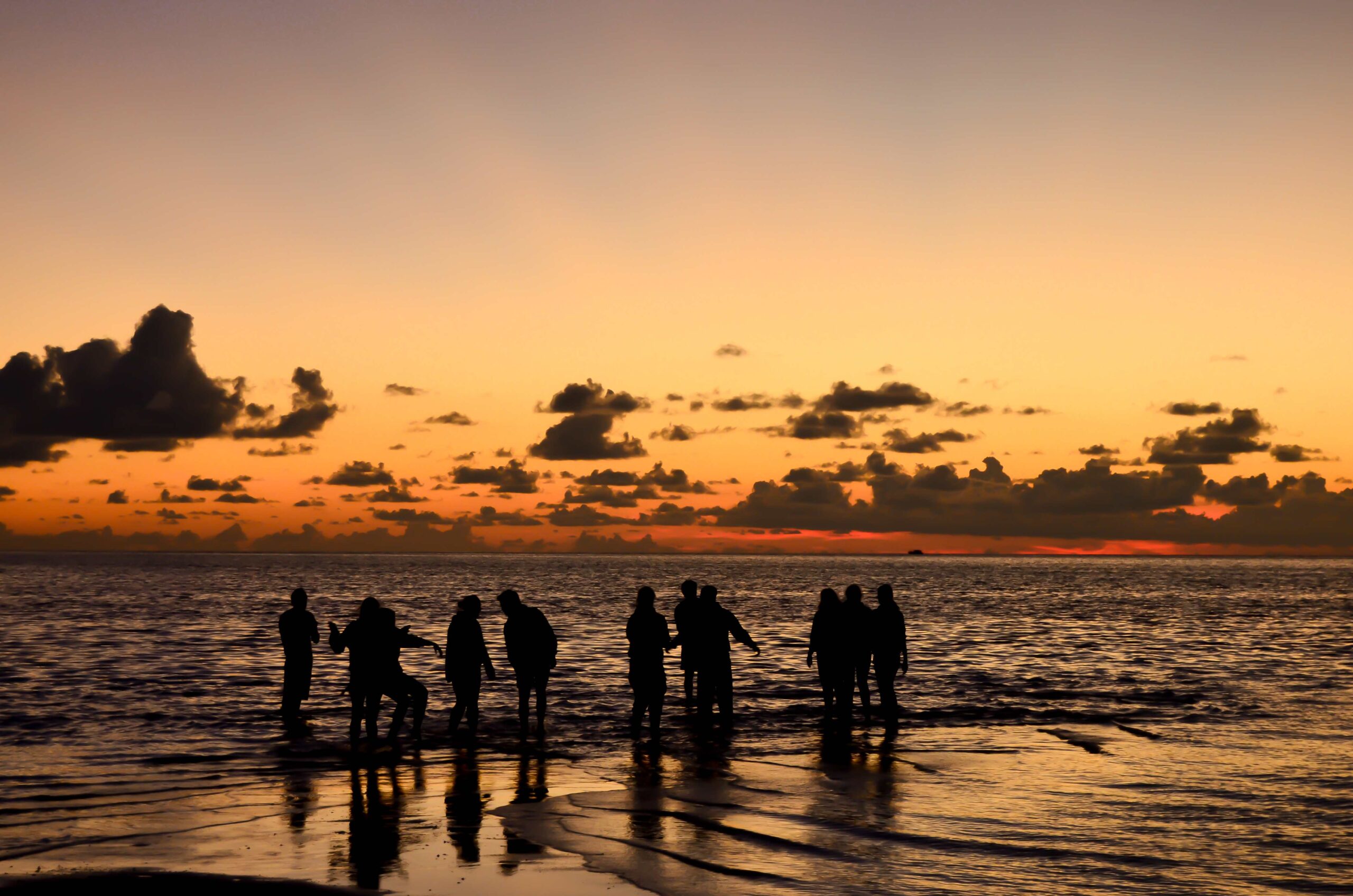 Silhouette of a group of young people on a beach at the shore
