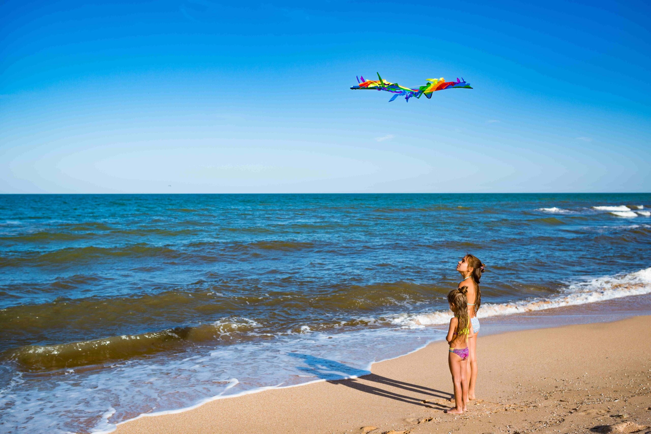 Two cheerful little girls sisters play with kite