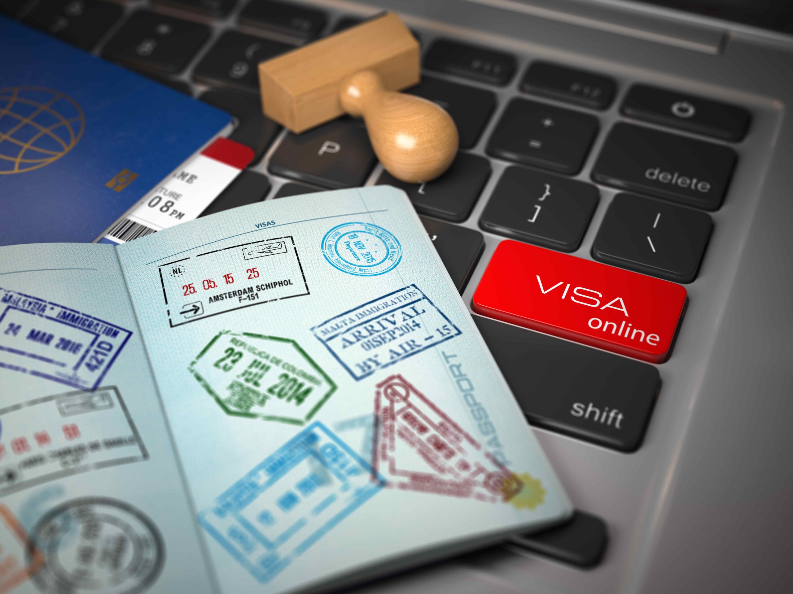 Visa online application concept Open passport with visa stamps