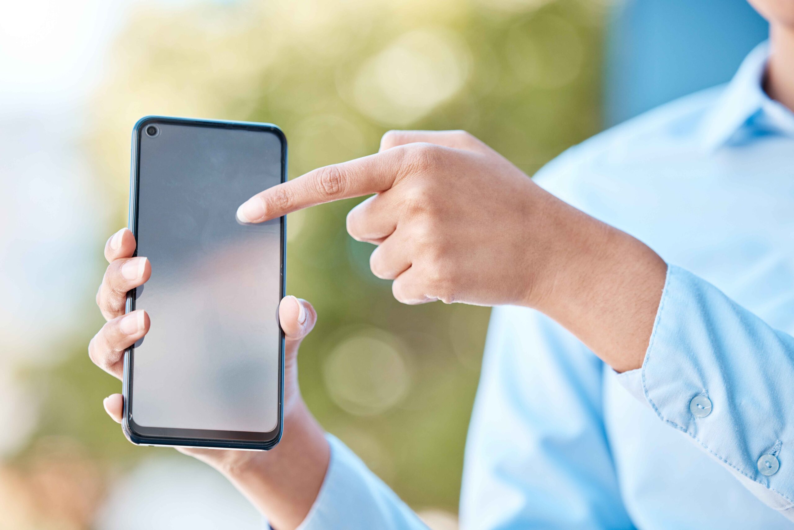 woman pointing mockup phone screen mobile apps an 2023 11 27 04 51 34 utc