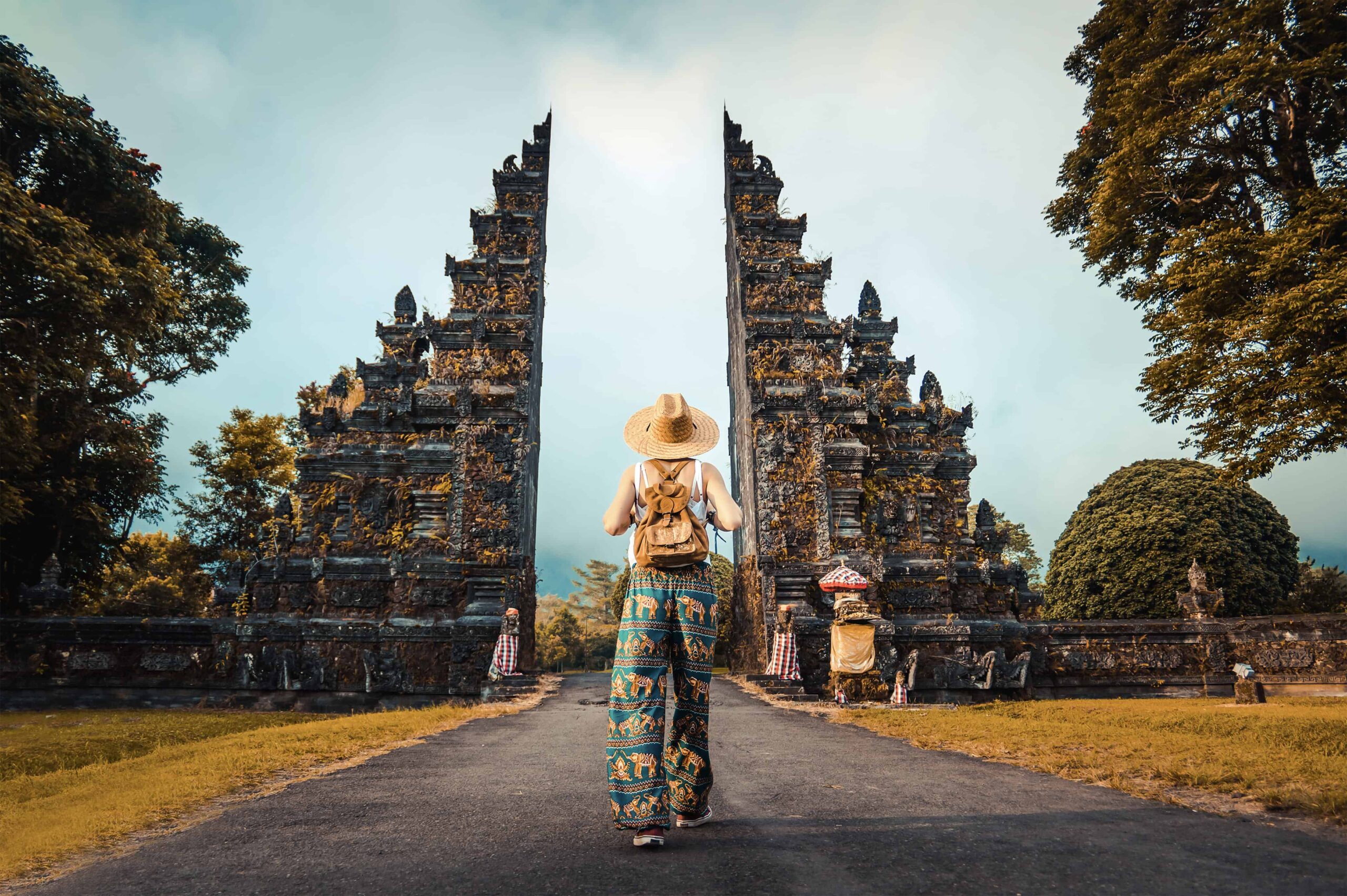 woman with backpack exploring bali