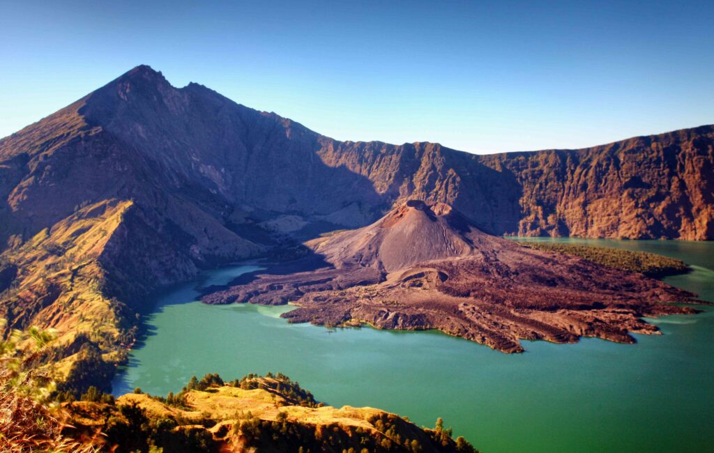 Horizontal shot of beautiful Rinjani volcano under the clear blue sky