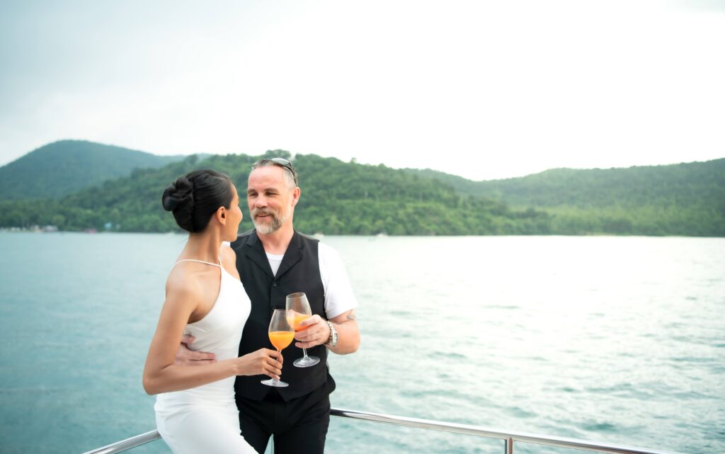 Happy moments of interracial couples on a yacht The couple had t