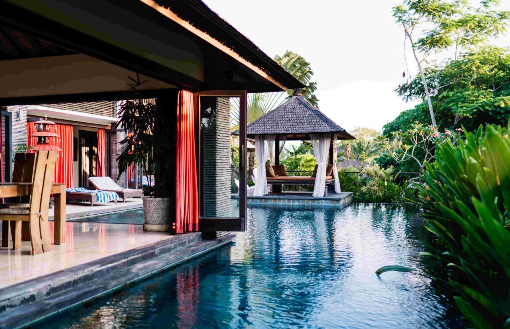 Luxury villa on tropical resort in sunrise