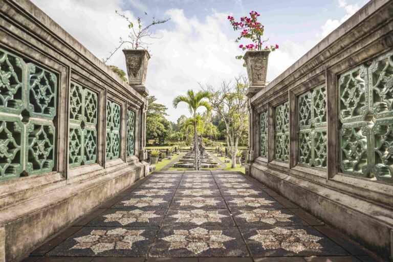 Ornamental stone walkway and formal garden, Amlapura, Bali, Indonesia