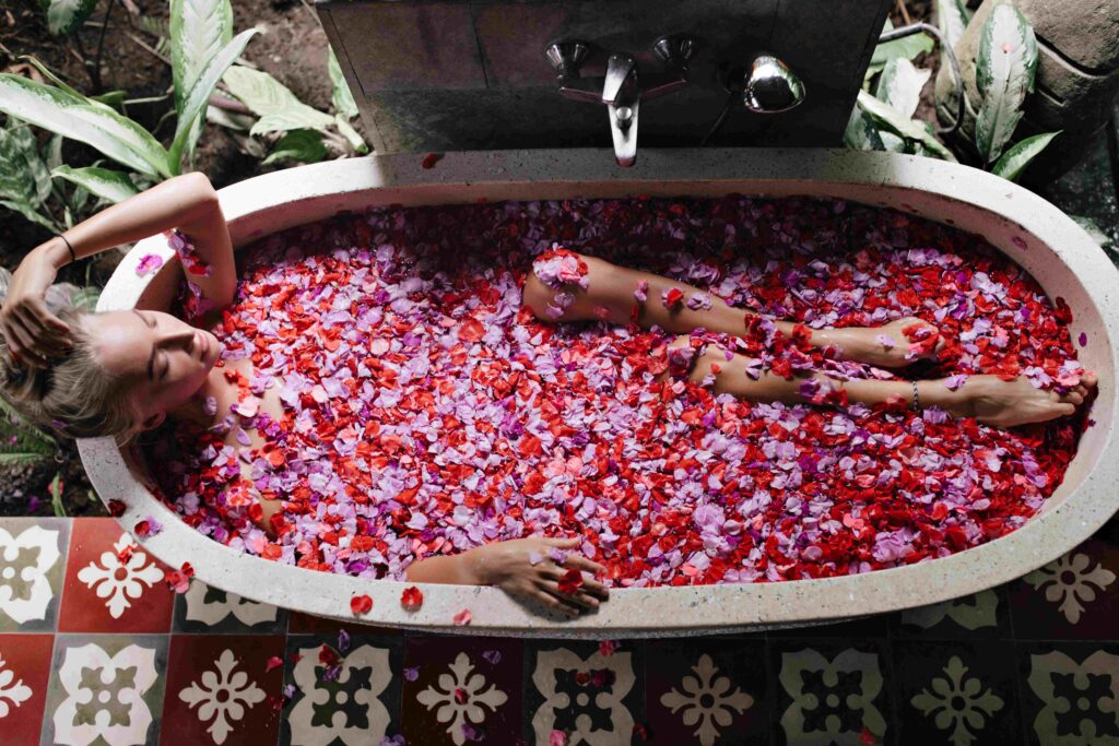 Overhead portrait of adorable european woman doing spa in weekend