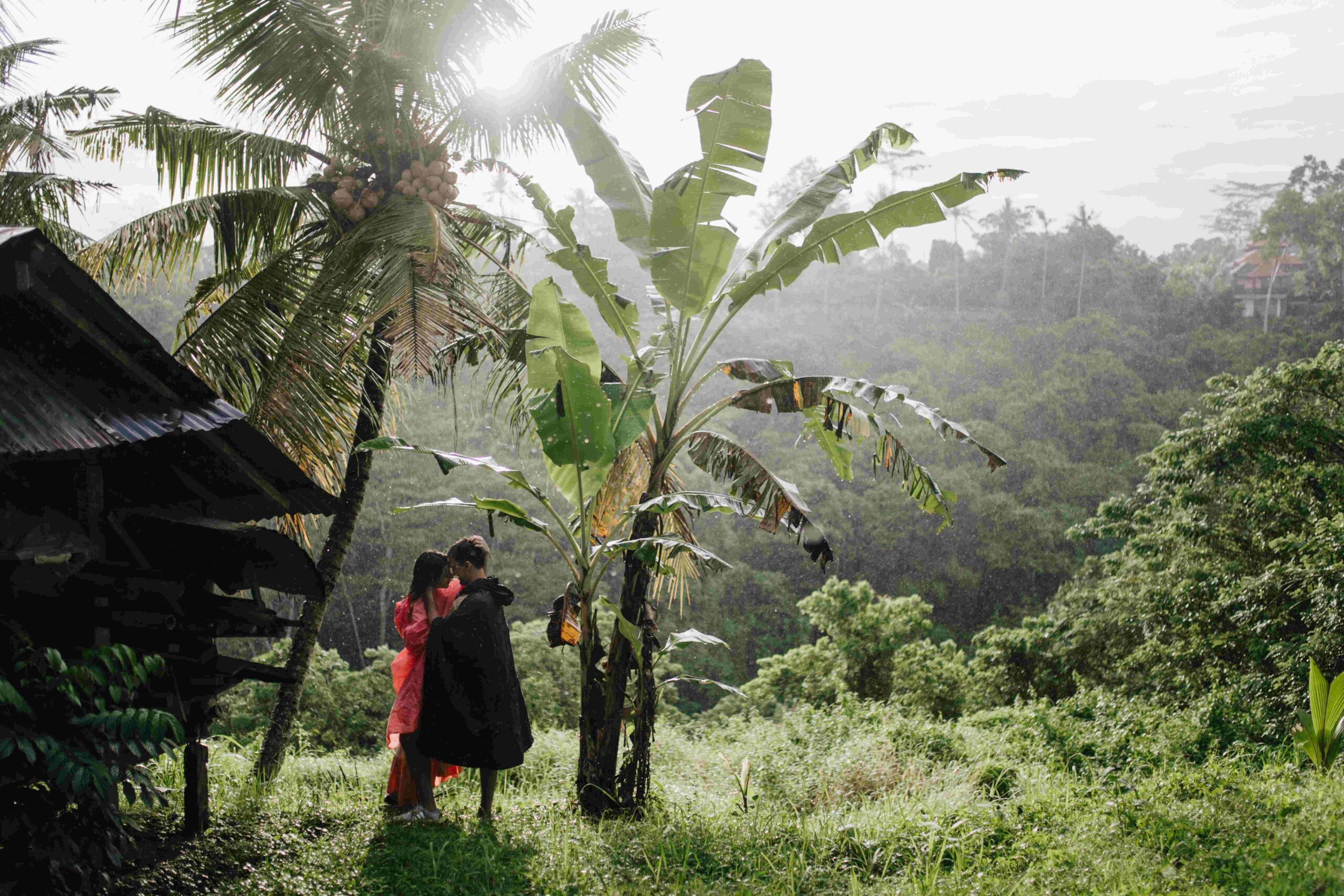 Romantic couple spending morning in jungle Tourists enjoying travel around exotic country