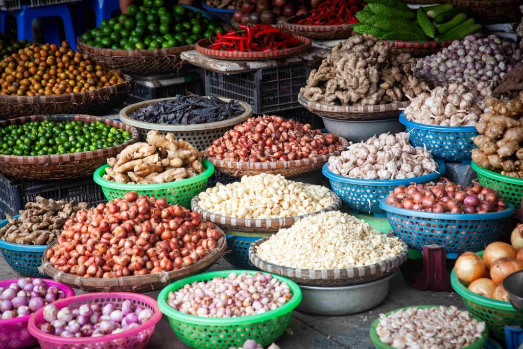 tropical spices and fruits sold at a local market in Hanoi (Viet