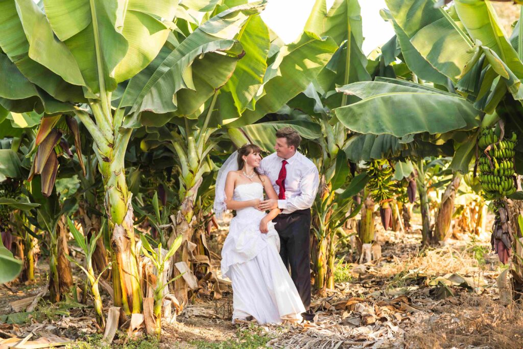 bride and groom smiling on nature