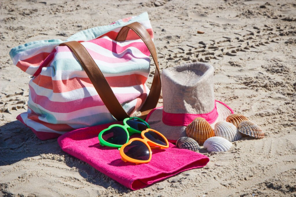 Colorful accessories using for relax on beach Travel and vacation time