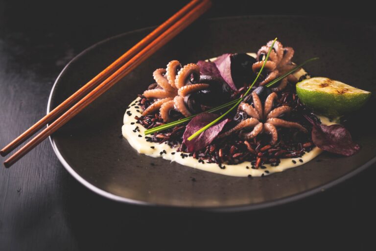 Delicious octopus with brown rice with sauce