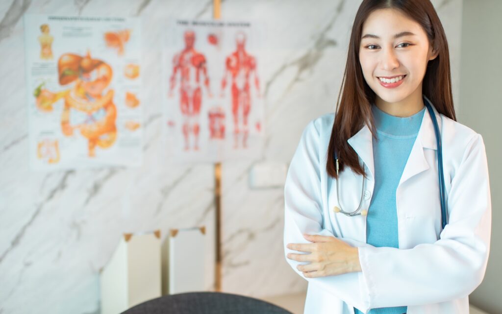 Portrait of young asian woman doctor healthcare professional in