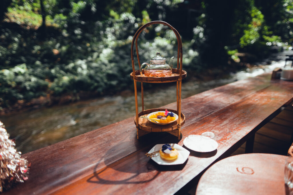 flower tea,Tea set on the terrace, natural background