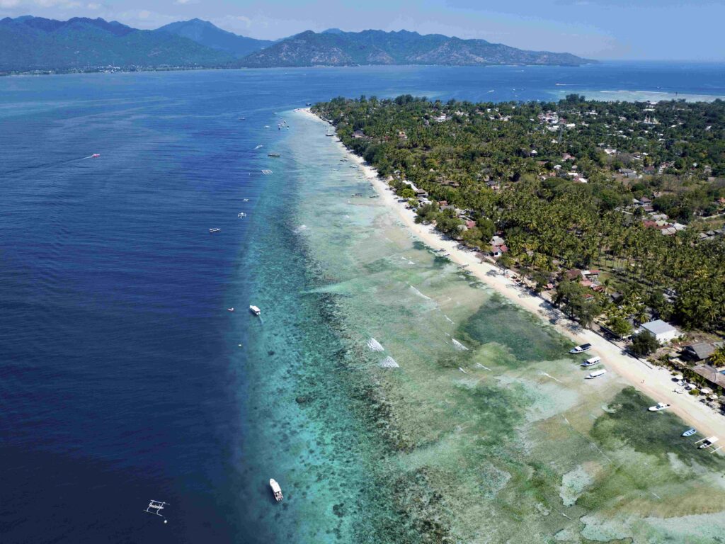 Aerial view of The Gili Air is a tropical island west of Lombok It is part of the Indonesian island group, the Gili Islands Gili Air is the second smallest of the Gili Islands and is the closest to Lombok