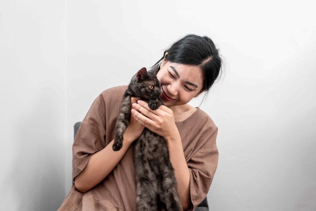 Beautiful woman is playing with a lovely cat to stroking and hug