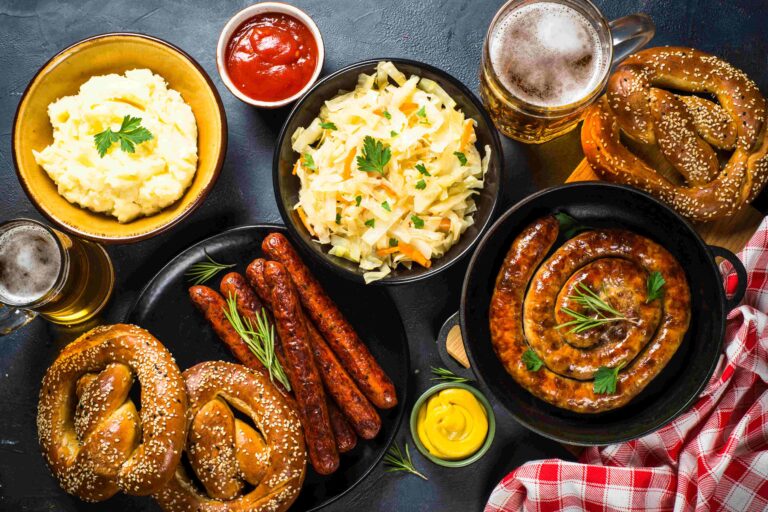 Oktoberfest food sausage, beer and bretzel