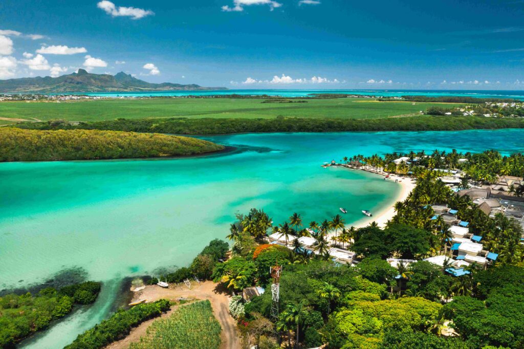 View from the height of the east coast of the island of Mauritius in the Indian Ocean Beautiful lagoon of the island of Mauritius,