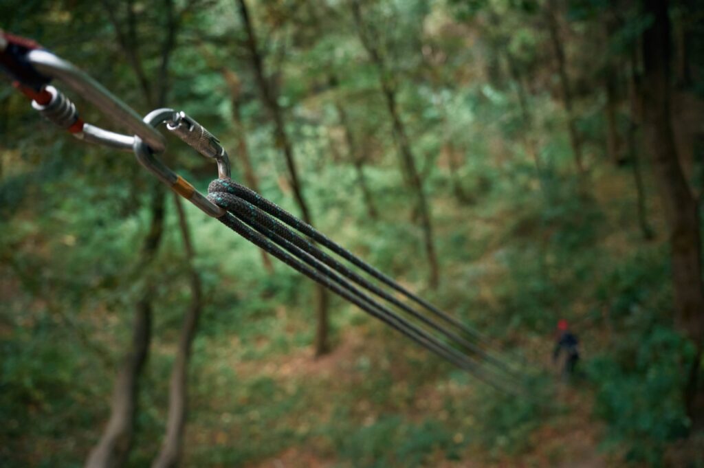 Climbing ropes are set in the green forest Woman are far on the ground