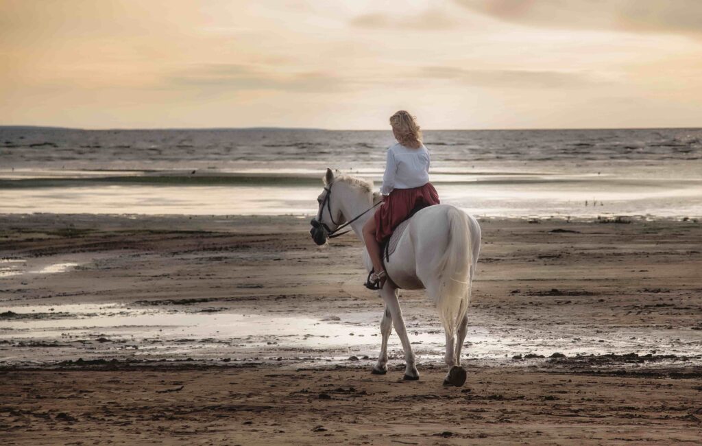 cute young woman on white horse takes horse ride o 2023 11 27 05 05 38 utc