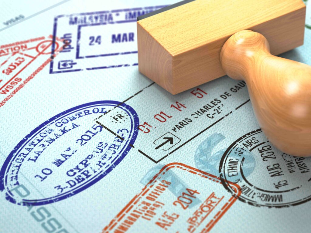 Passport with visa stamps Travel or turism concept background