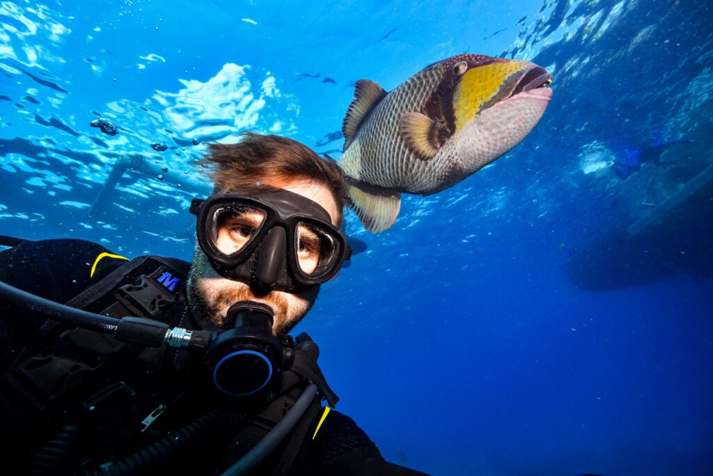 selfie of a scubadiver and a triggerfish