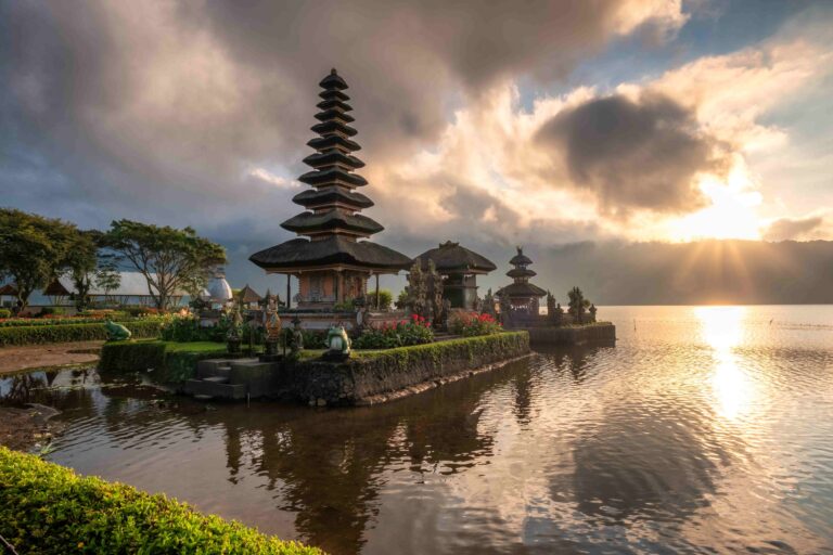 Ancient temple (Pura Ulun Danu Bratan) with sunlight at morning