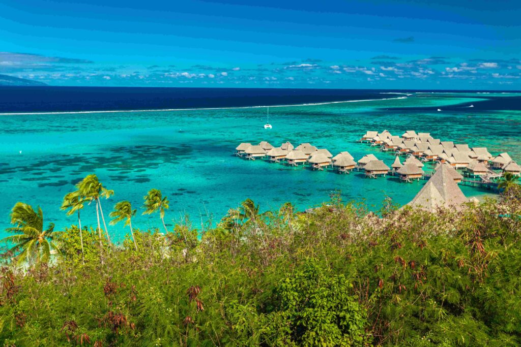 High angle shot over water bungalows at Moorea Island